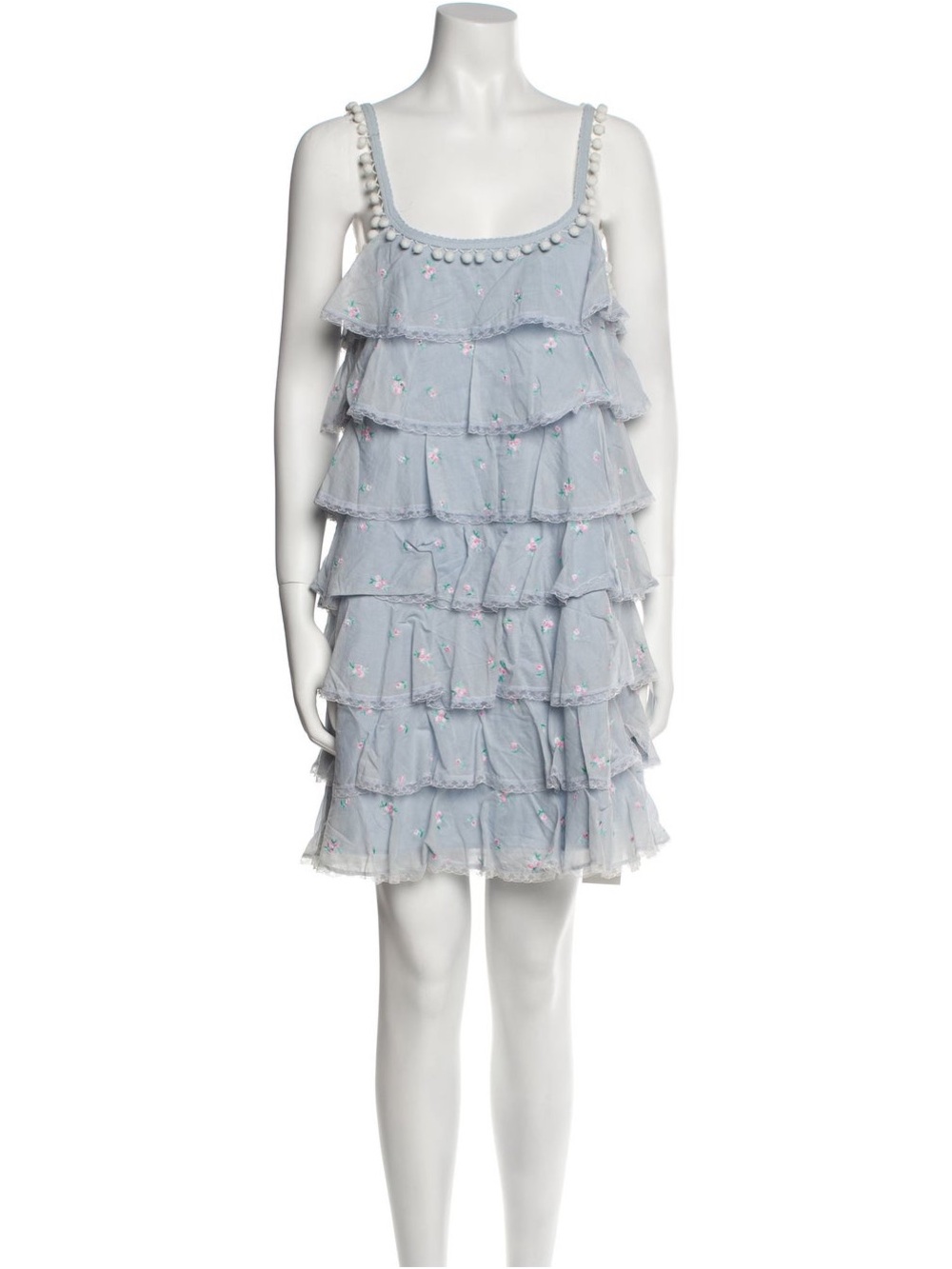 Light Blue Embroidered Tiered Dress with Pom Pom Trim